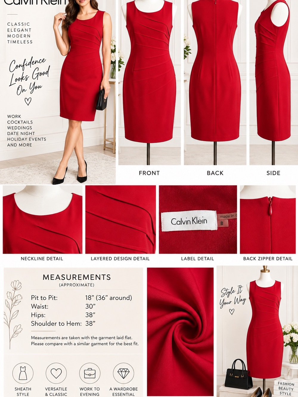 Calvin Klein Size 8 Red Layered Pleat Sheath Dress Sleeveless Career Cocktail - Picture 5 of 6